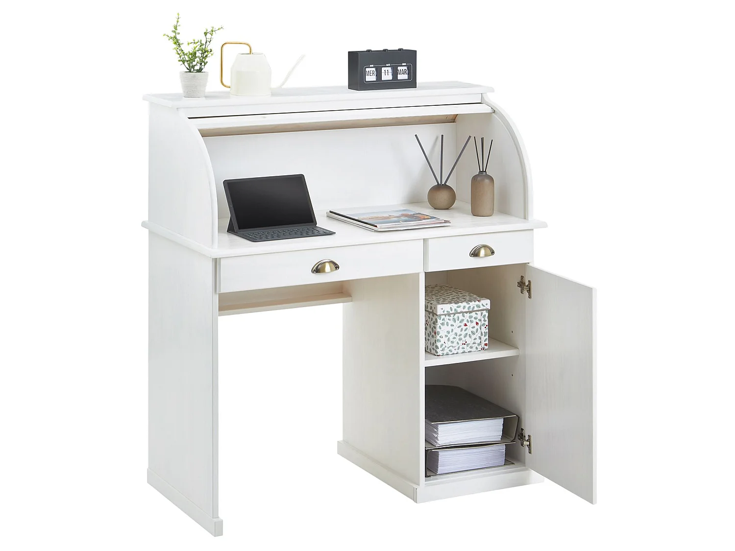 Bureau secrétaire TOM avec volet roulant rangement 2 tiroirs et 1 porte avec étagère, en pin massif lasuré blanc