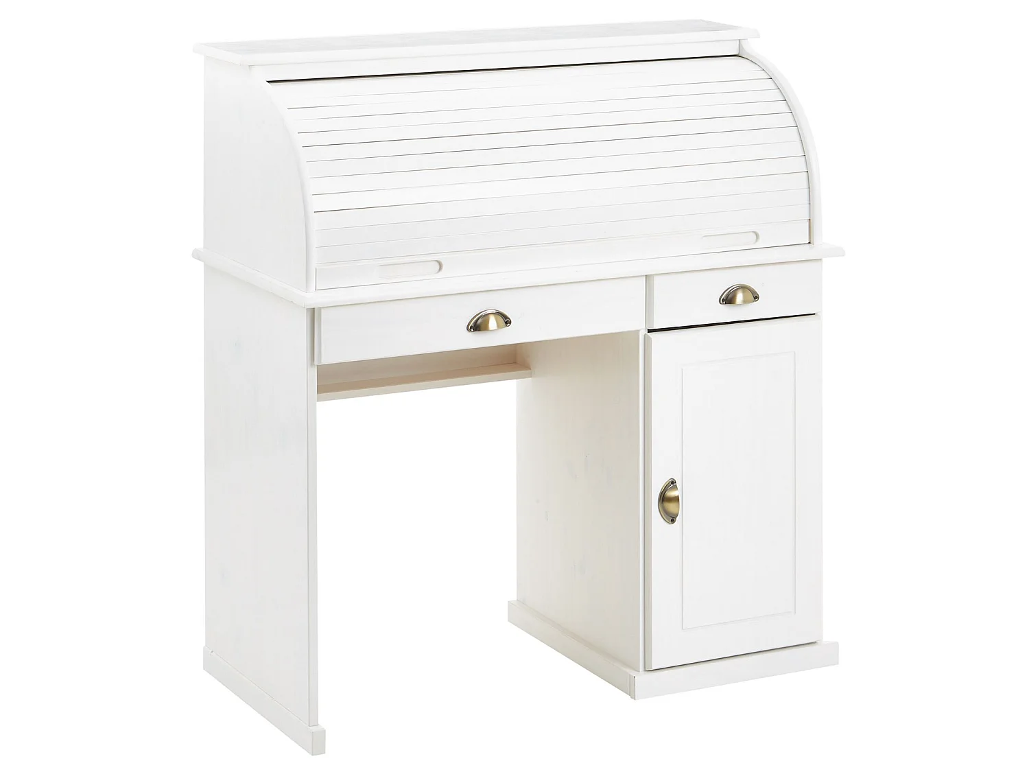 Bureau secrétaire TOM avec volet roulant rangement 2 tiroirs et 1 porte avec étagère, en pin massif lasuré blanc