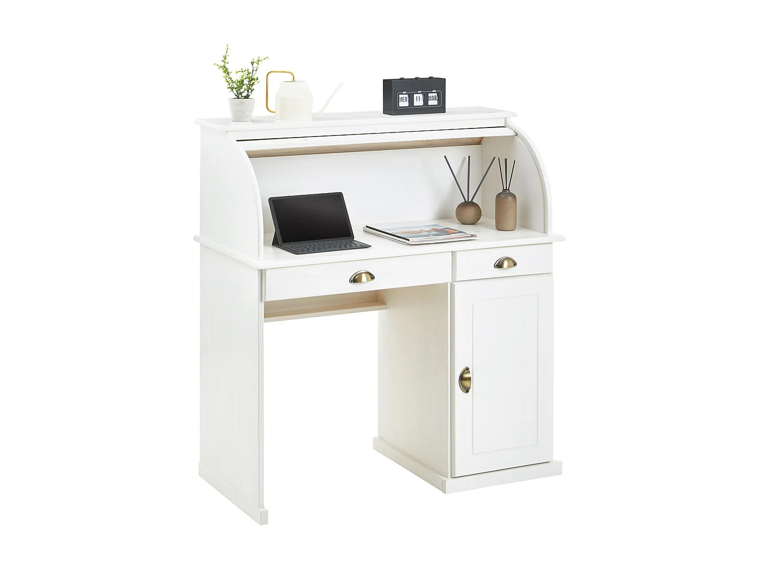 Bureau secrétaire TOM avec volet roulant rangement 2 tiroirs et 1 porte avec étagère, en pin massif lasuré blanc