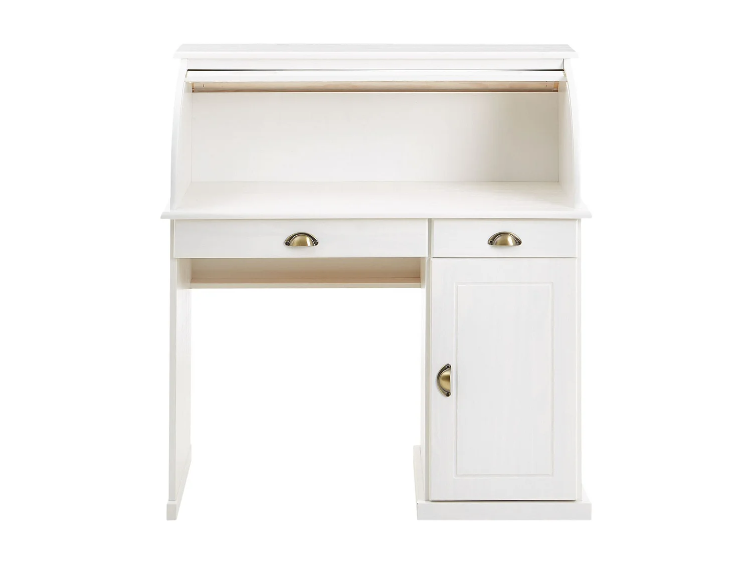 Bureau secrétaire TOM avec volet roulant rangement 2 tiroirs et 1 porte avec étagère, en pin massif lasuré blanc