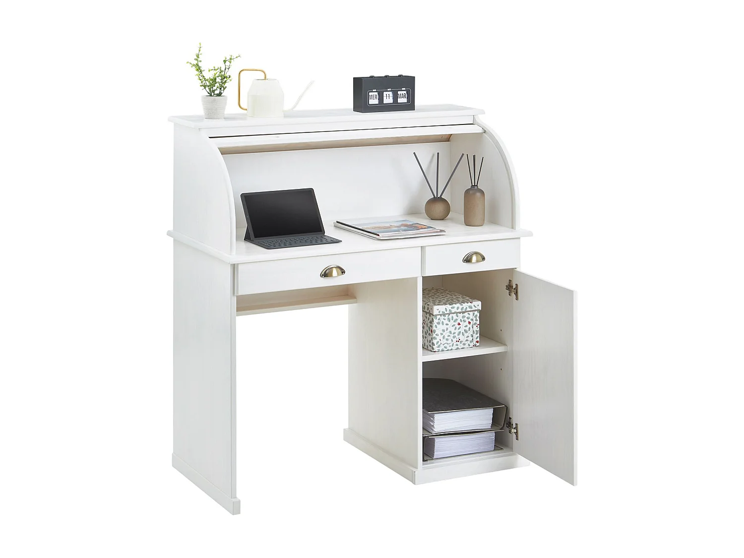Bureau secrétaire TOM avec volet roulant rangement 2 tiroirs et 1 porte avec étagère, en pin massif lasuré blanc
