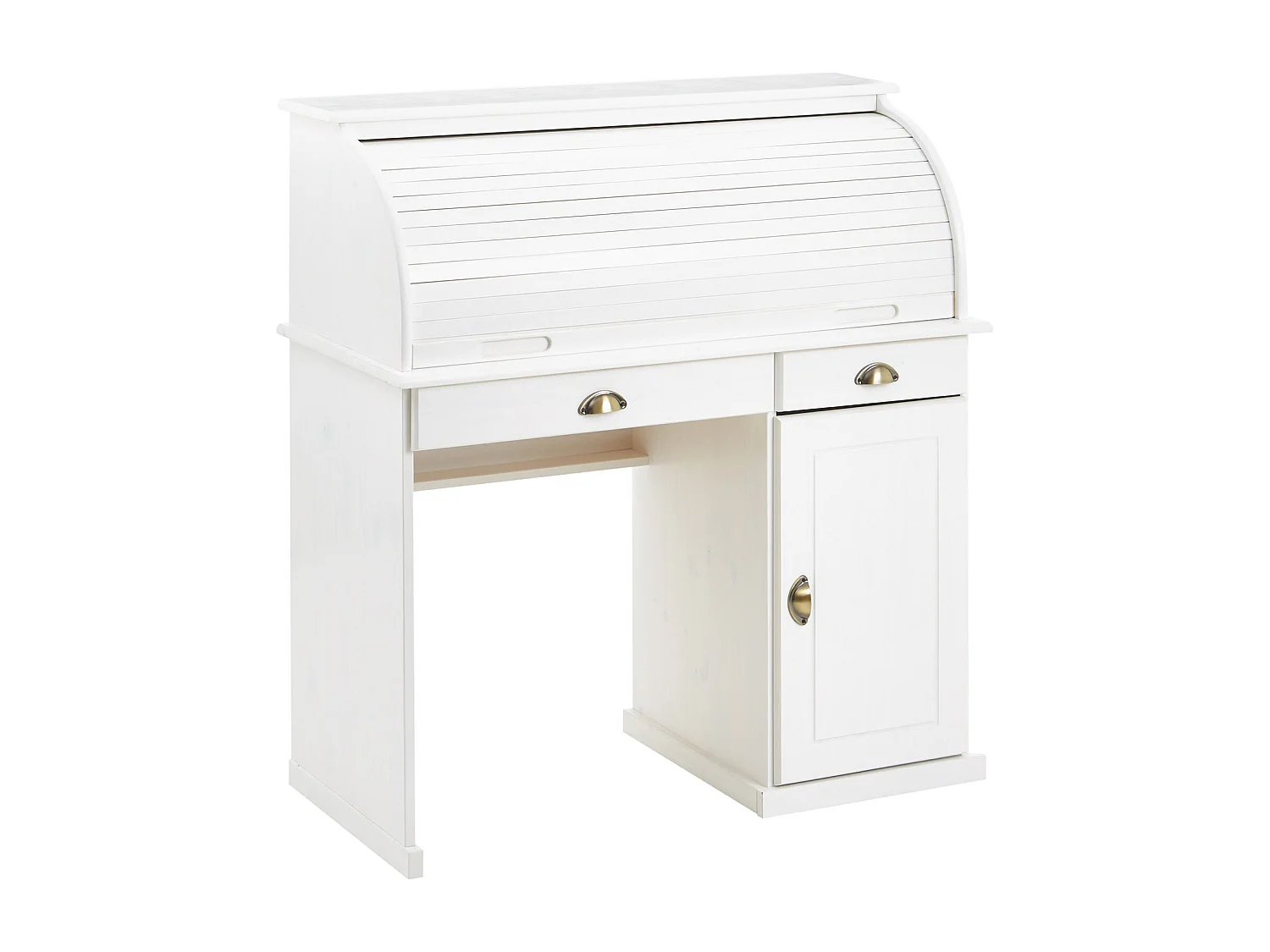 Bureau secrétaire TOM avec volet roulant rangement 2 tiroirs et 1 porte avec étagère, en pin massif lasuré blanc