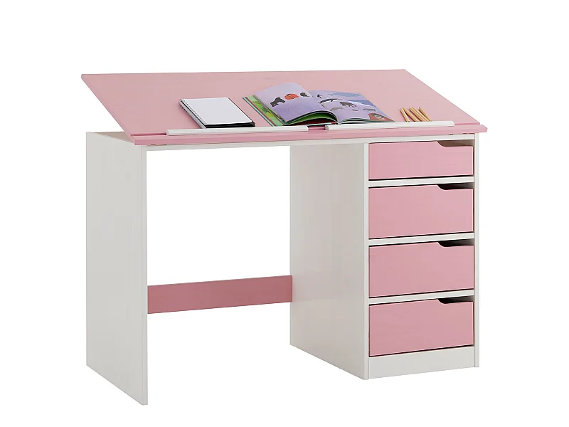 Bureau enfant écolier junior EMMA pupitre inclinable avec 4 tiroirs en pin massif, lasuré blanc et rose