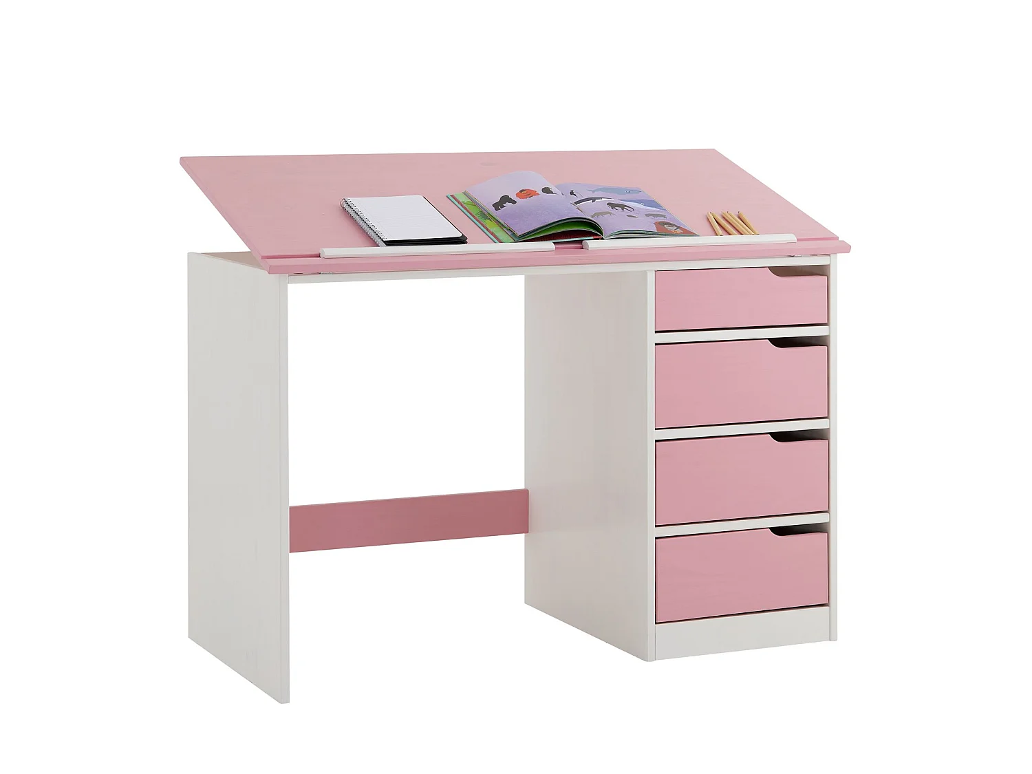 Bureau enfant écolier junior EMMA pupitre inclinable avec 4 tiroirs en pin massif, lasuré blanc et rose