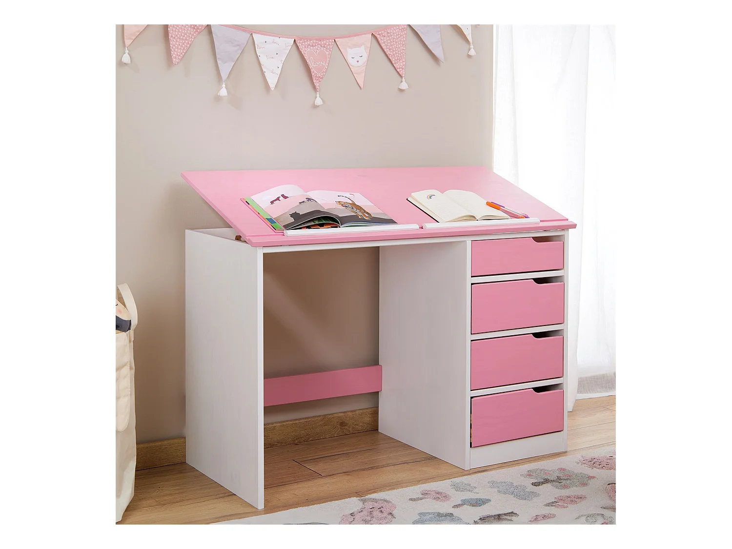 Bureau enfant écolier junior EMMA pupitre inclinable avec 4 tiroirs en pin massif, lasuré blanc et rose