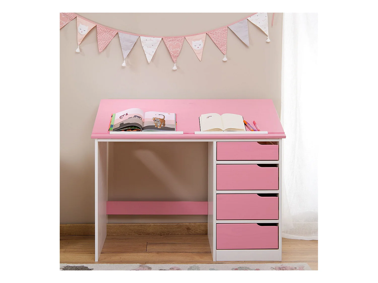 Bureau enfant écolier junior EMMA pupitre inclinable avec 4 tiroirs en pin massif, lasuré blanc et rose