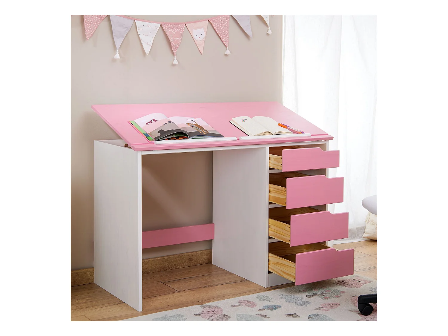 Bureau enfant écolier junior EMMA pupitre inclinable avec 4 tiroirs en pin massif, lasuré blanc et rose