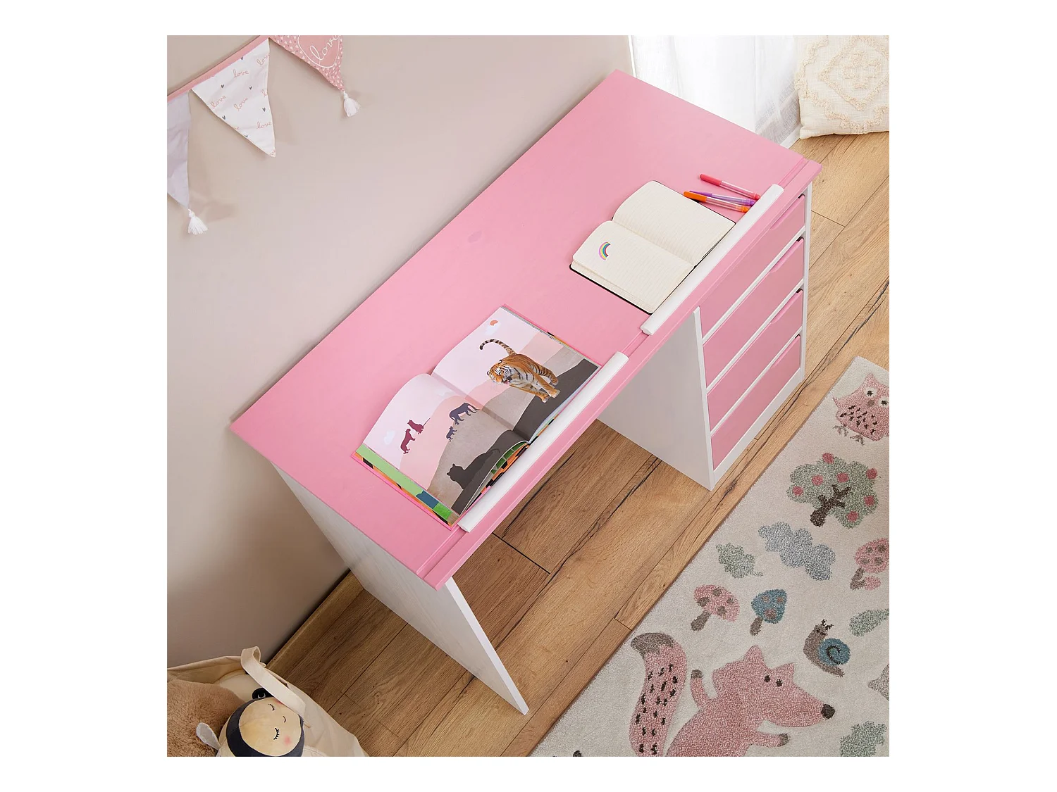 Bureau enfant écolier junior EMMA pupitre inclinable avec 4 tiroirs en pin massif, lasuré blanc et rose