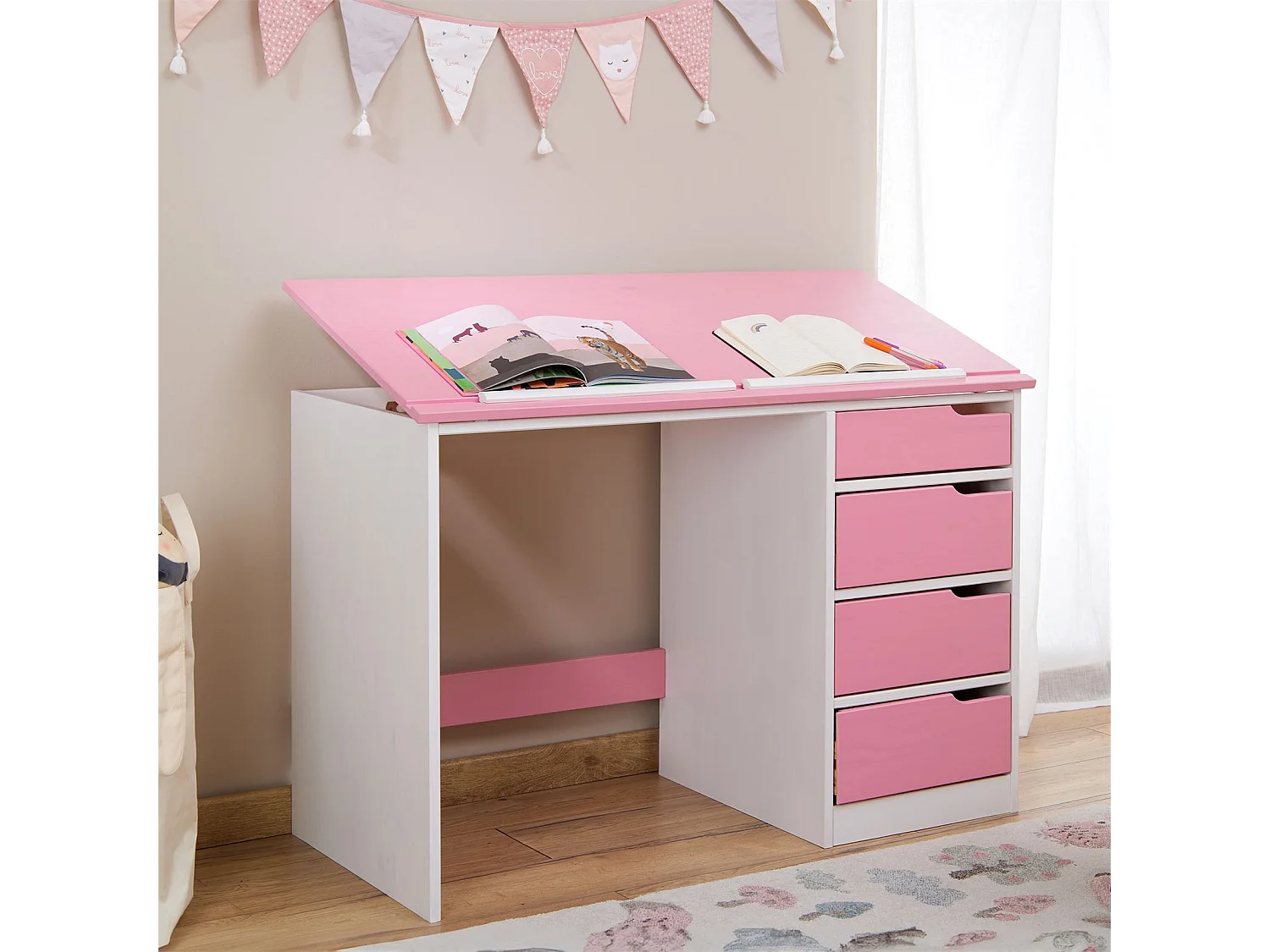 Bureau enfant écolier junior EMMA pupitre inclinable avec 4 tiroirs en pin massif, lasuré blanc et rose