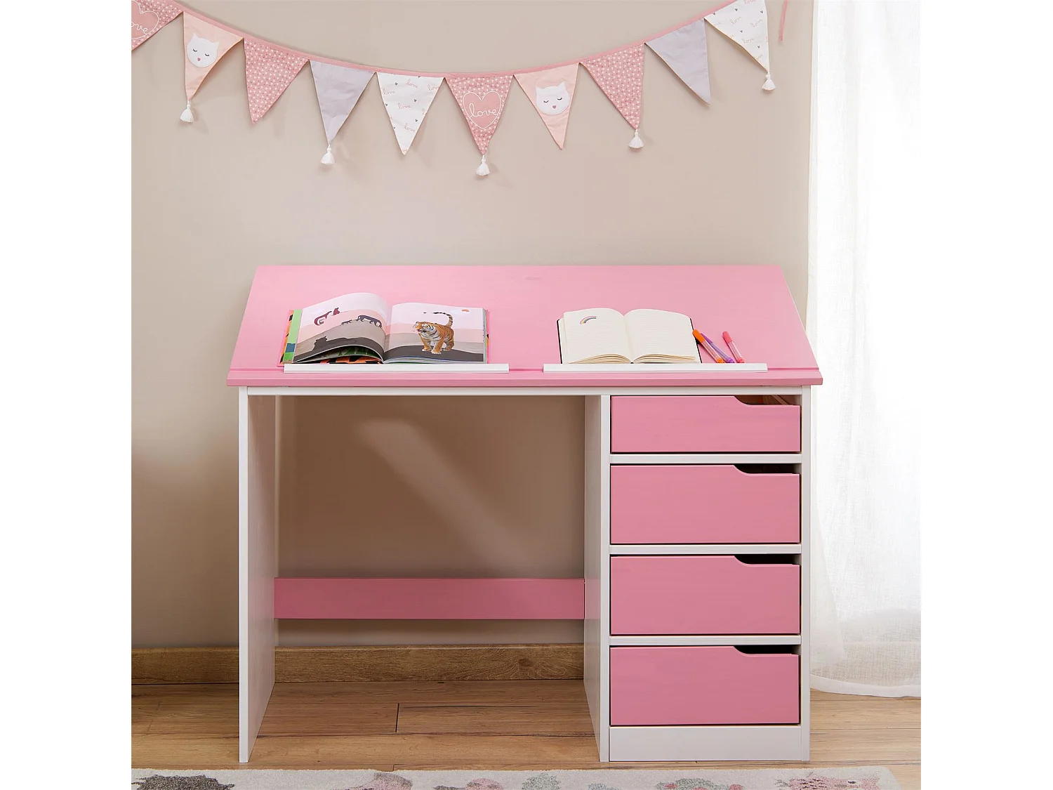 Bureau enfant écolier junior EMMA pupitre inclinable avec 4 tiroirs en pin massif, lasuré blanc et rose