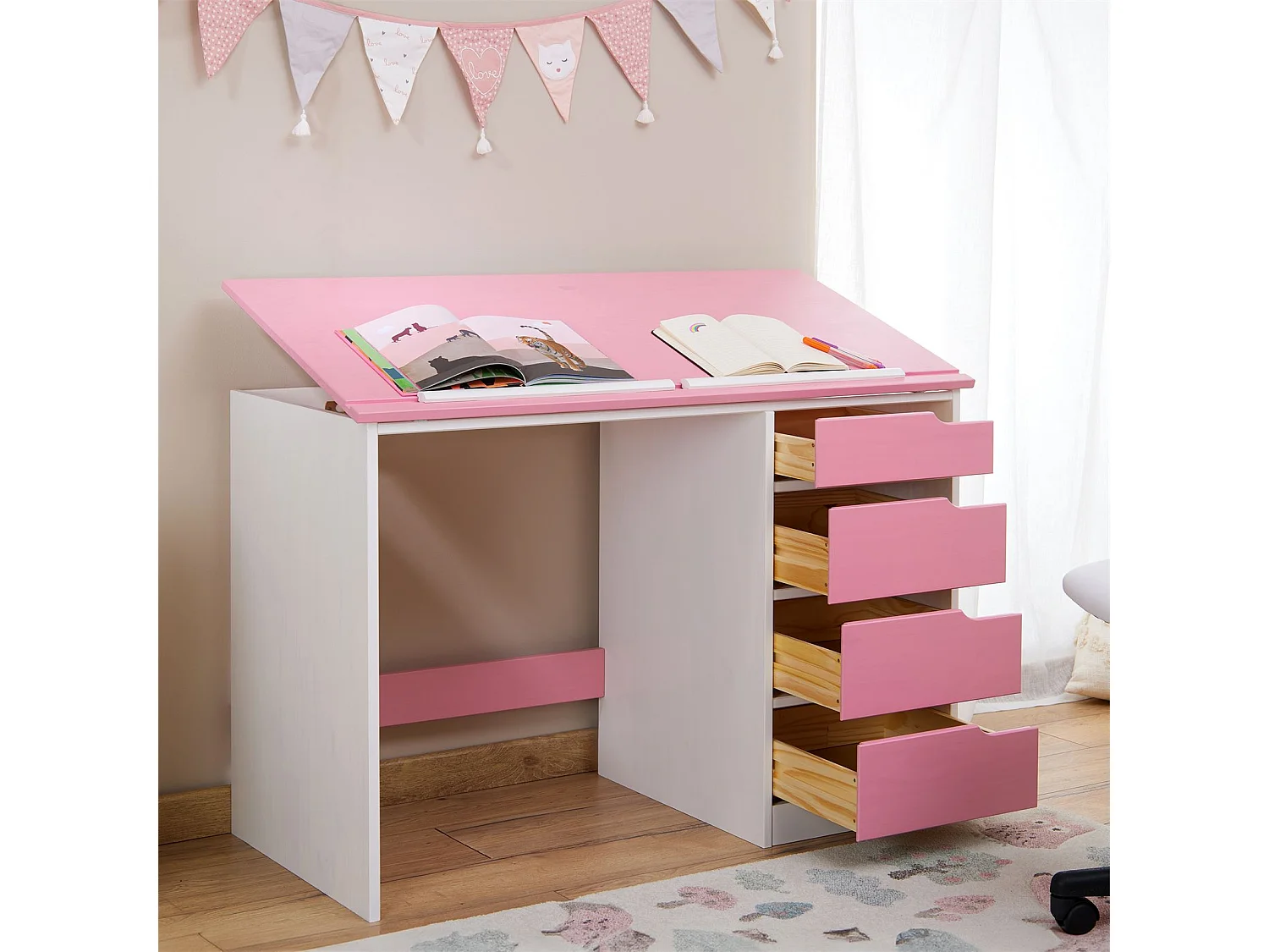Bureau enfant écolier junior EMMA pupitre inclinable avec 4 tiroirs en pin massif, lasuré blanc et rose