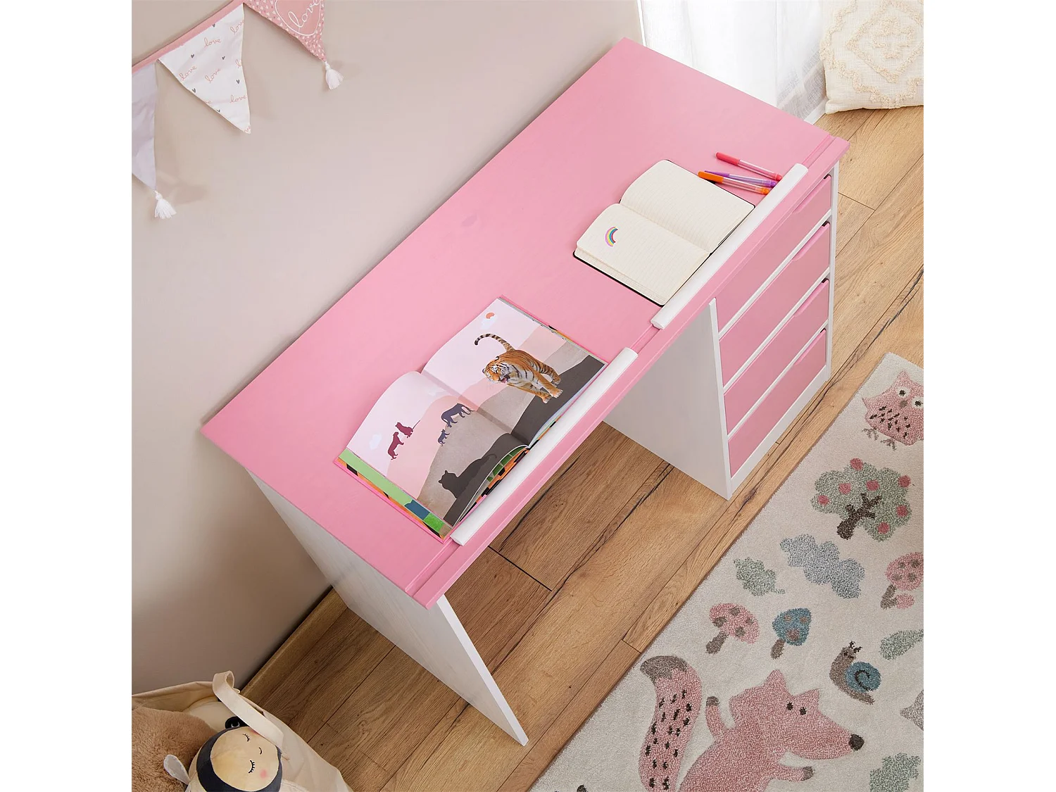 Bureau enfant écolier junior EMMA pupitre inclinable avec 4 tiroirs en pin massif, lasuré blanc et rose