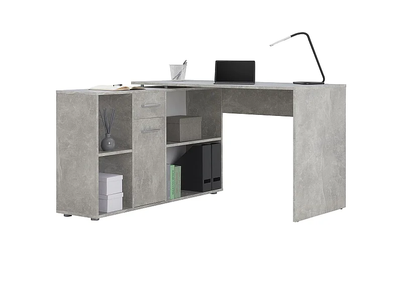Bureau d'angle CARMEN table avec meuble de rangement intégré et modulable 4 étagères 1 porte et 1 tiroir, décor béton