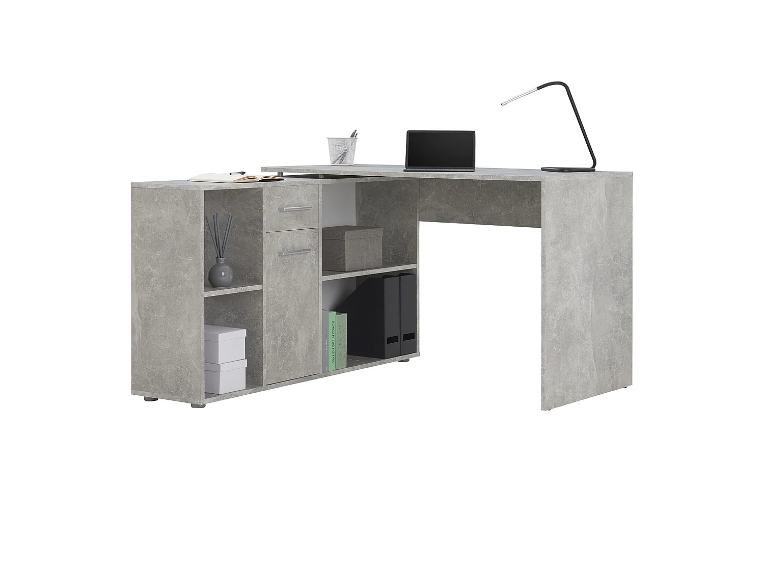 Bureau d'angle CARMEN table avec meuble de rangement intégré et modulable 4 étagères 1 porte et 1 tiroir, décor béton