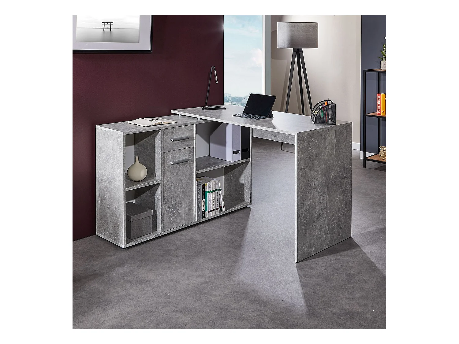 Bureau d'angle CARMEN table avec meuble de rangement intégré et modulable 4 étagères 1 porte et 1 tiroir, décor béton
