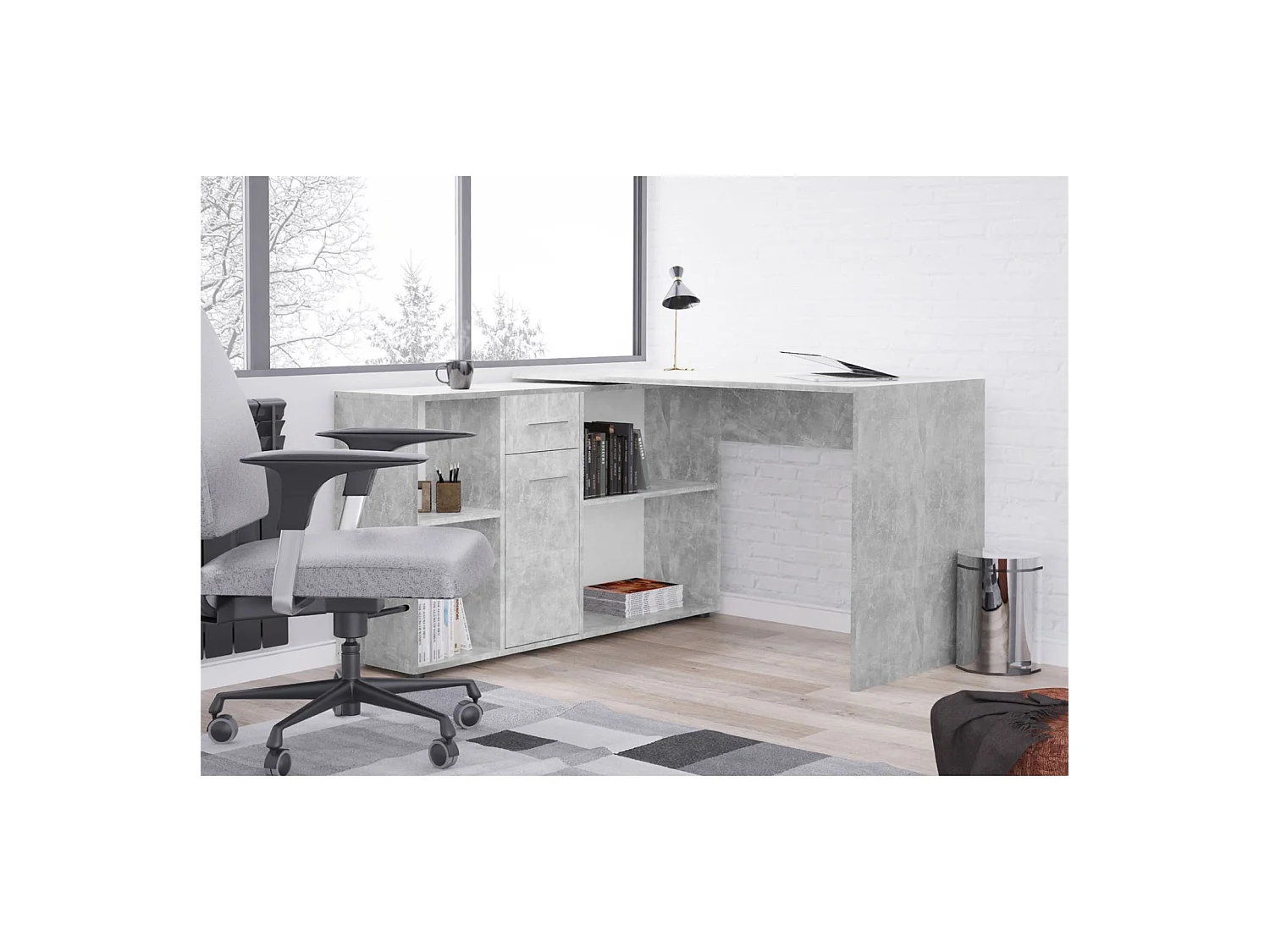Bureau d'angle CARMEN table avec meuble de rangement intégré et modulable 4 étagères 1 porte et 1 tiroir, décor béton