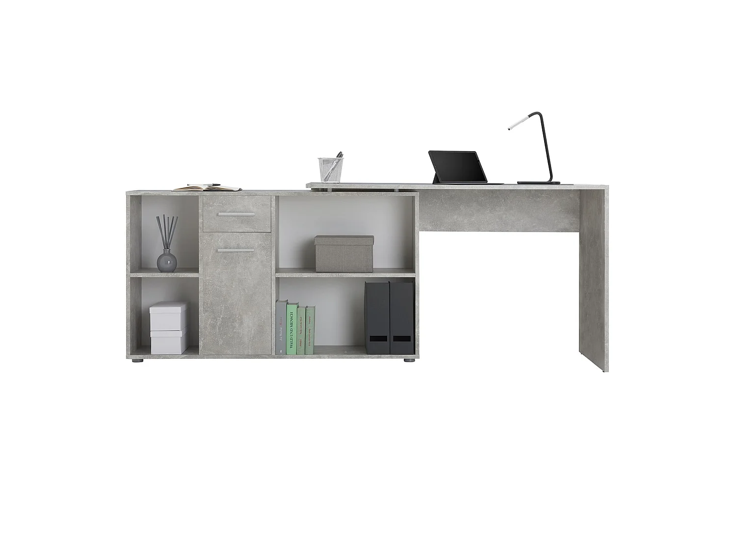 Bureau d'angle CARMEN table avec meuble de rangement intégré et modulable 4 étagères 1 porte et 1 tiroir, décor béton