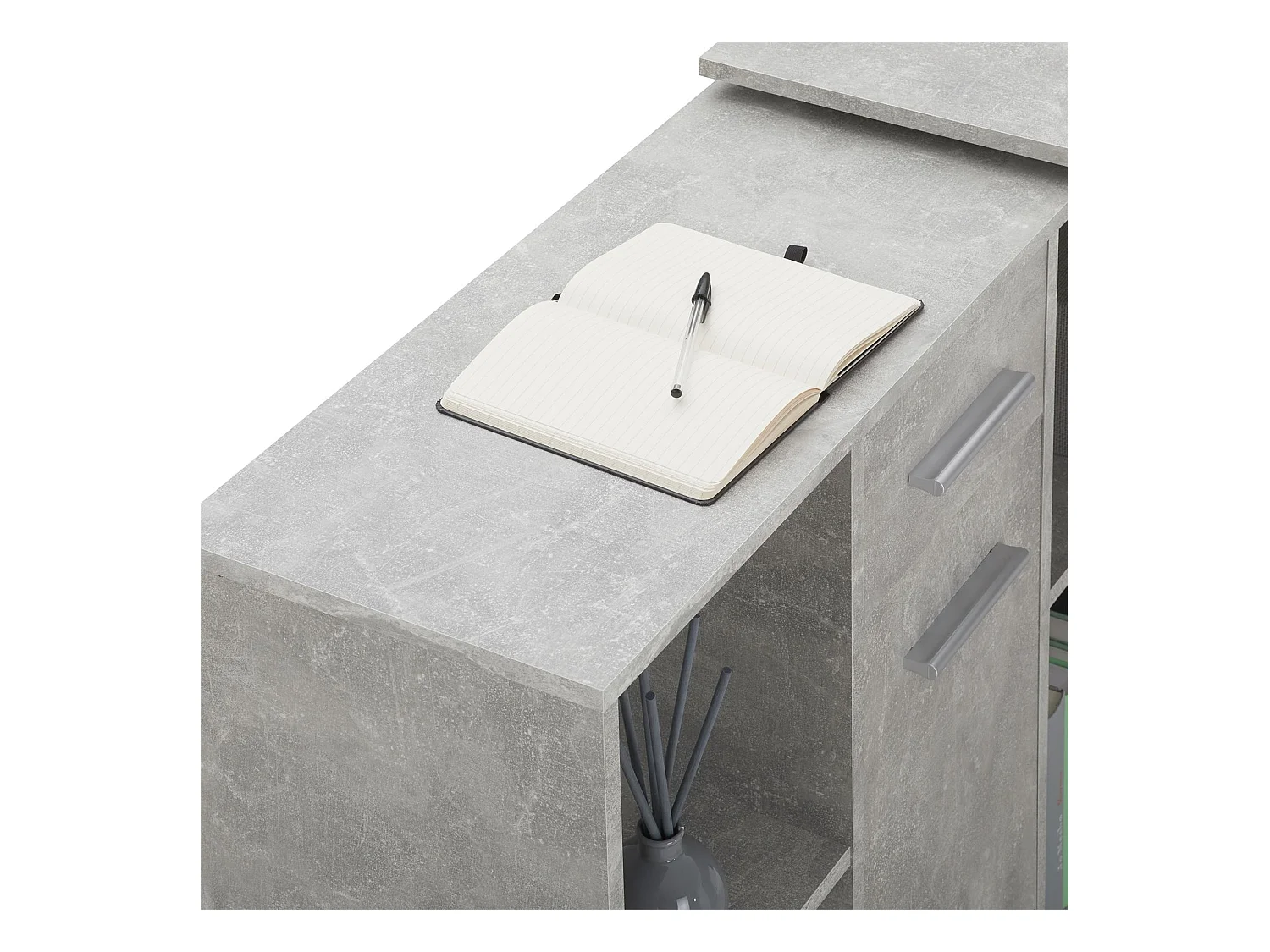 Bureau d'angle CARMEN table avec meuble de rangement intégré et modulable 4 étagères 1 porte et 1 tiroir, décor béton