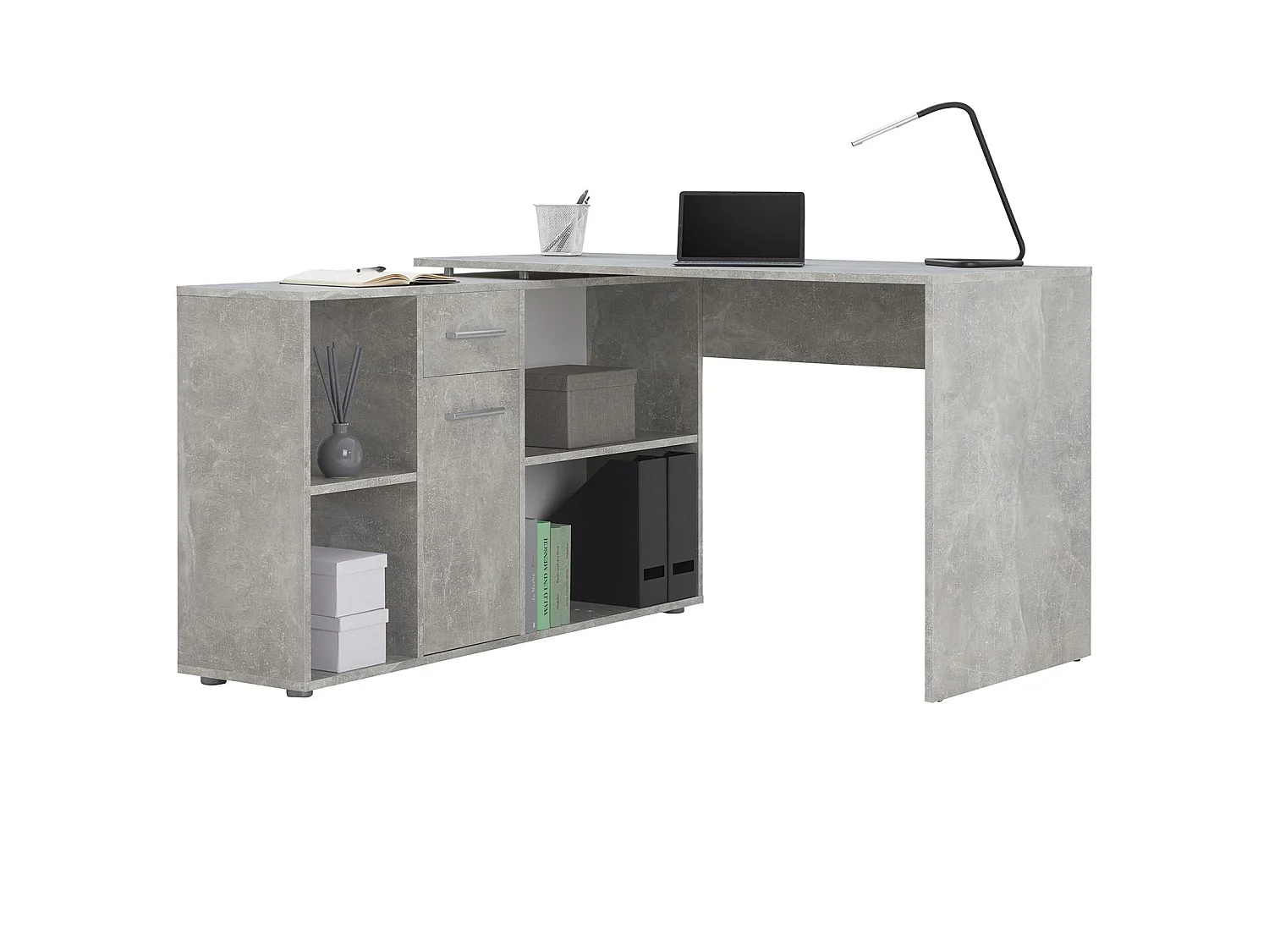 Bureau d'angle CARMEN table avec meuble de rangement intégré 4 étagères 1 porte et 1 tiroir, décor béton