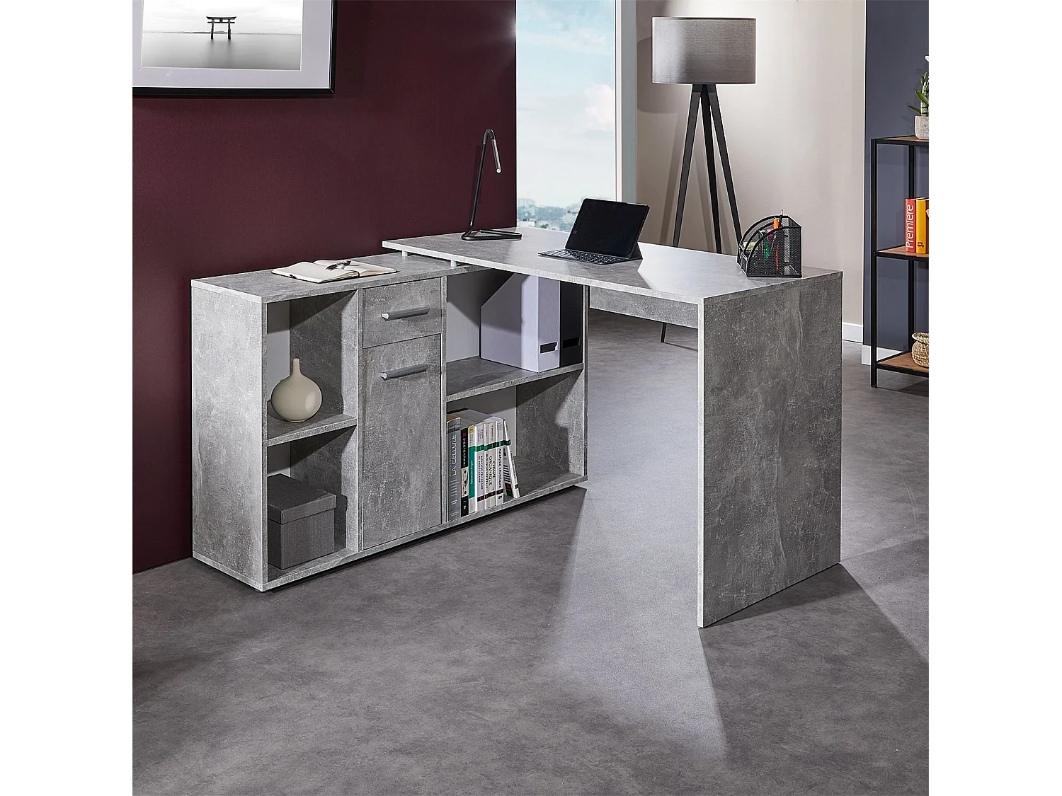 Bureau d'angle CARMEN table avec meuble de rangement intégré 4 étagères 1 porte et 1 tiroir, décor béton