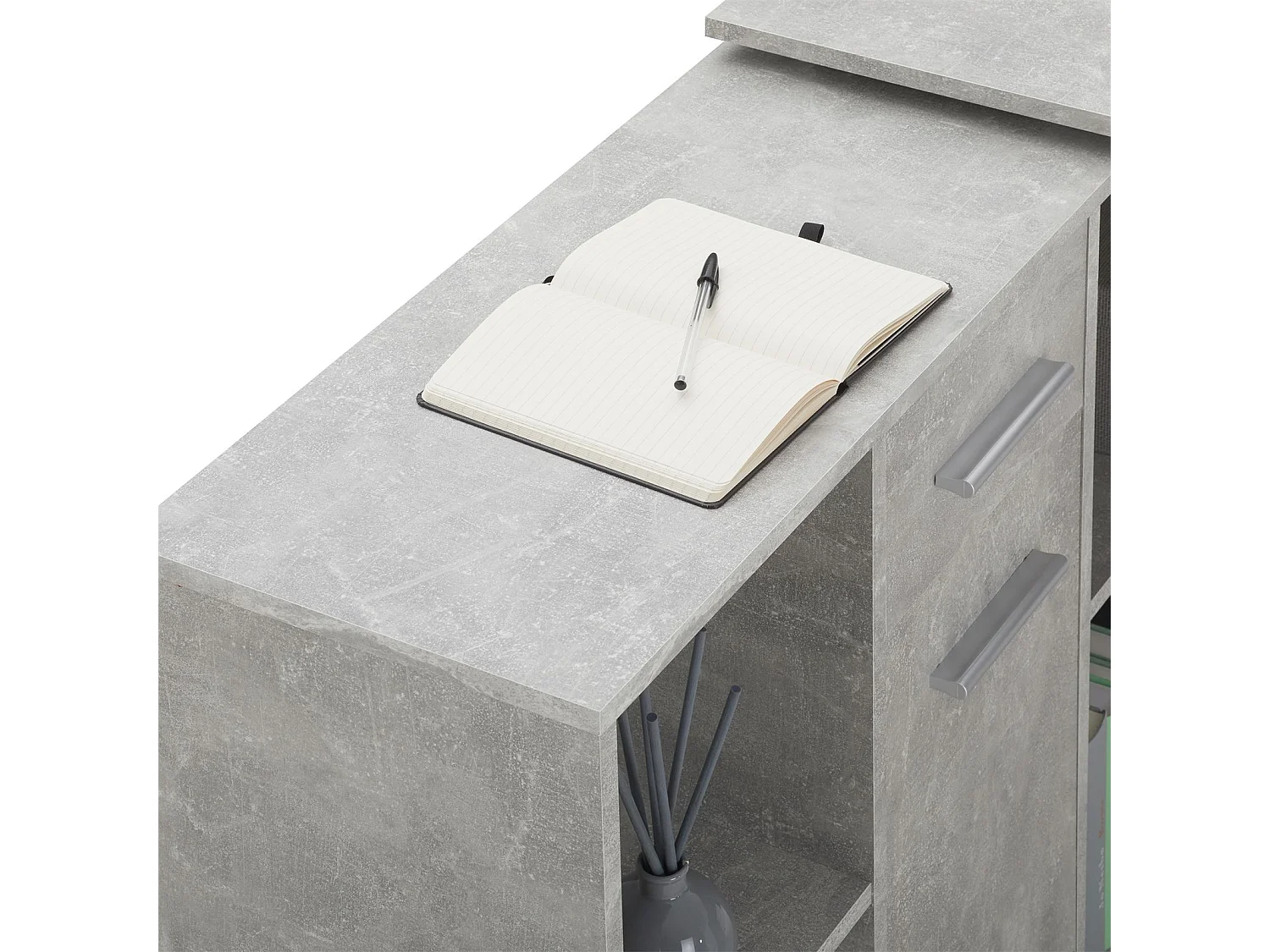 Bureau d'angle CARMEN table avec meuble de rangement intégré 4 étagères 1 porte et 1 tiroir, décor béton