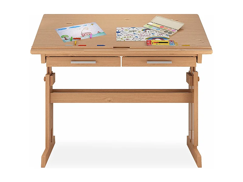 Bureau enfant écolier junior OLIVIA table à dessin réglable en hauteur et pupitre inclinable avec 2 tiroirs en pin massif hêtre