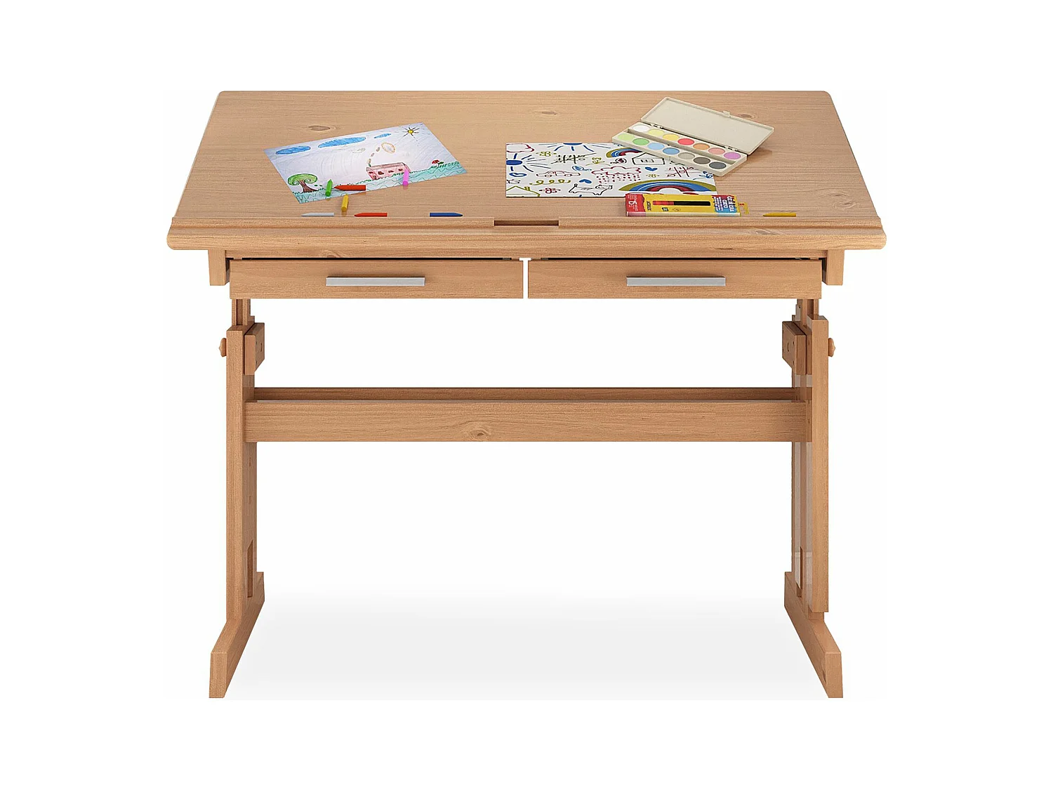 Bureau enfant écolier junior OLIVIA table à dessin réglable en hauteur et pupitre inclinable avec 2 tiroirs en pin massif hêtre