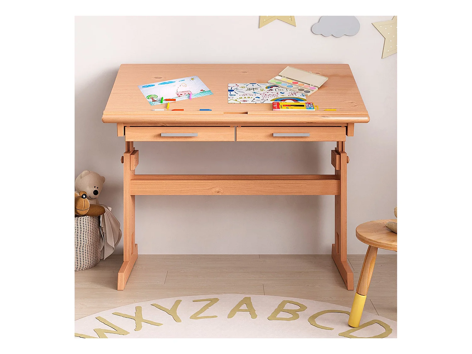 Bureau enfant écolier junior OLIVIA table à dessin réglable en hauteur et pupitre inclinable avec 2 tiroirs en pin massif hêtre