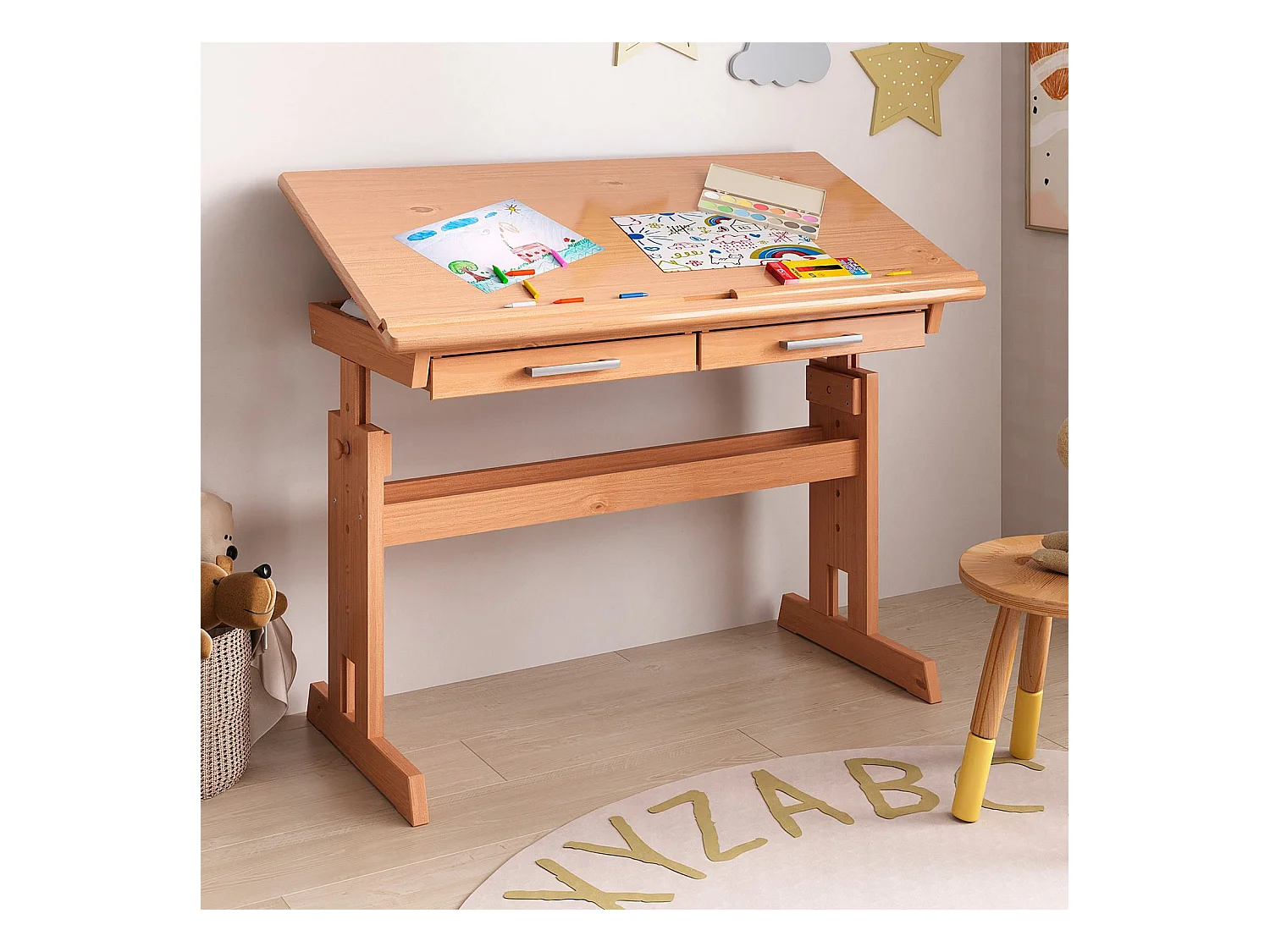 Bureau enfant écolier junior OLIVIA table à dessin réglable en hauteur et pupitre inclinable avec 2 tiroirs en pin massif hêtre