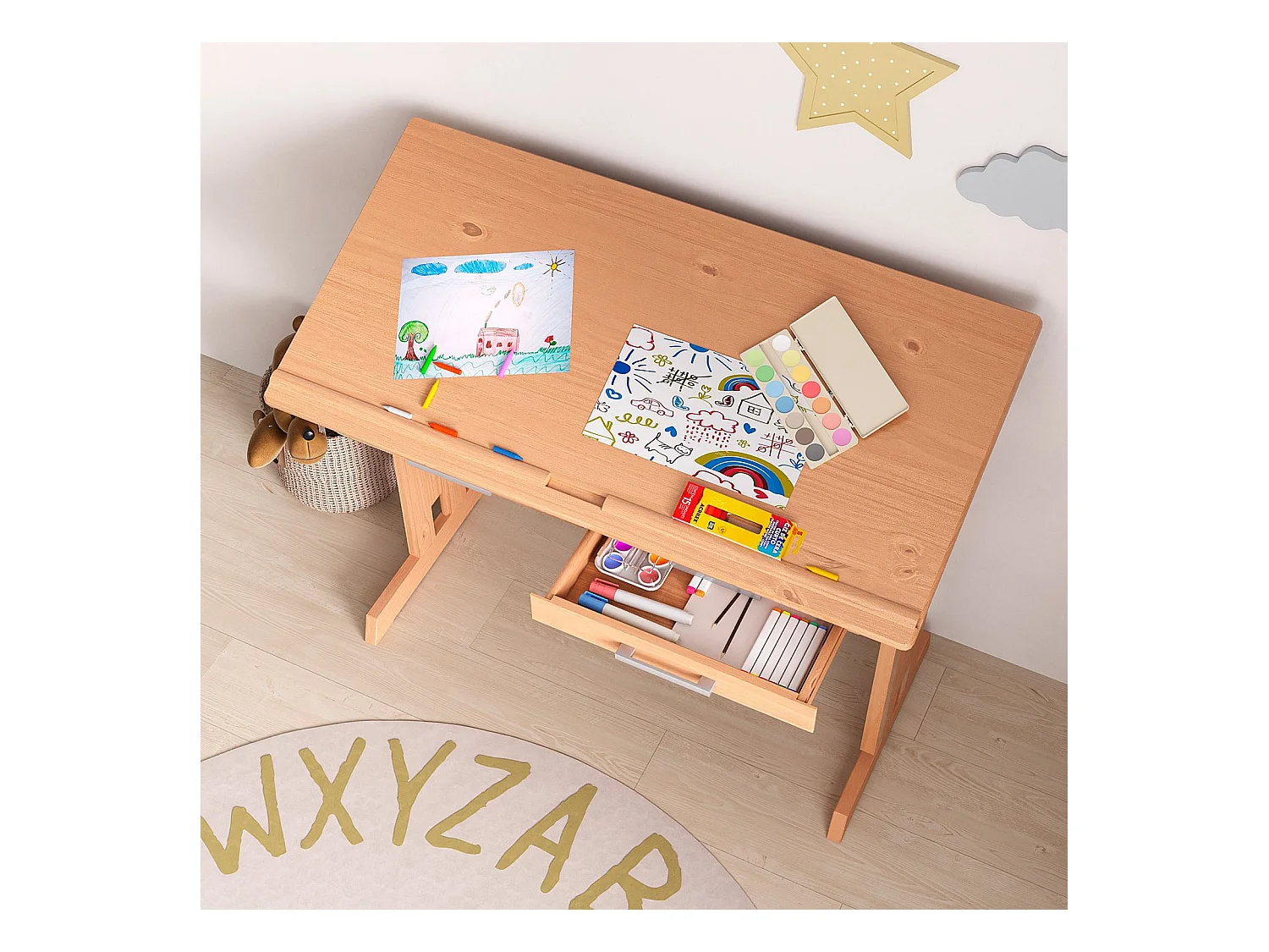 Bureau enfant écolier junior OLIVIA table à dessin réglable en hauteur et pupitre inclinable avec 2 tiroirs en pin massif hêtre