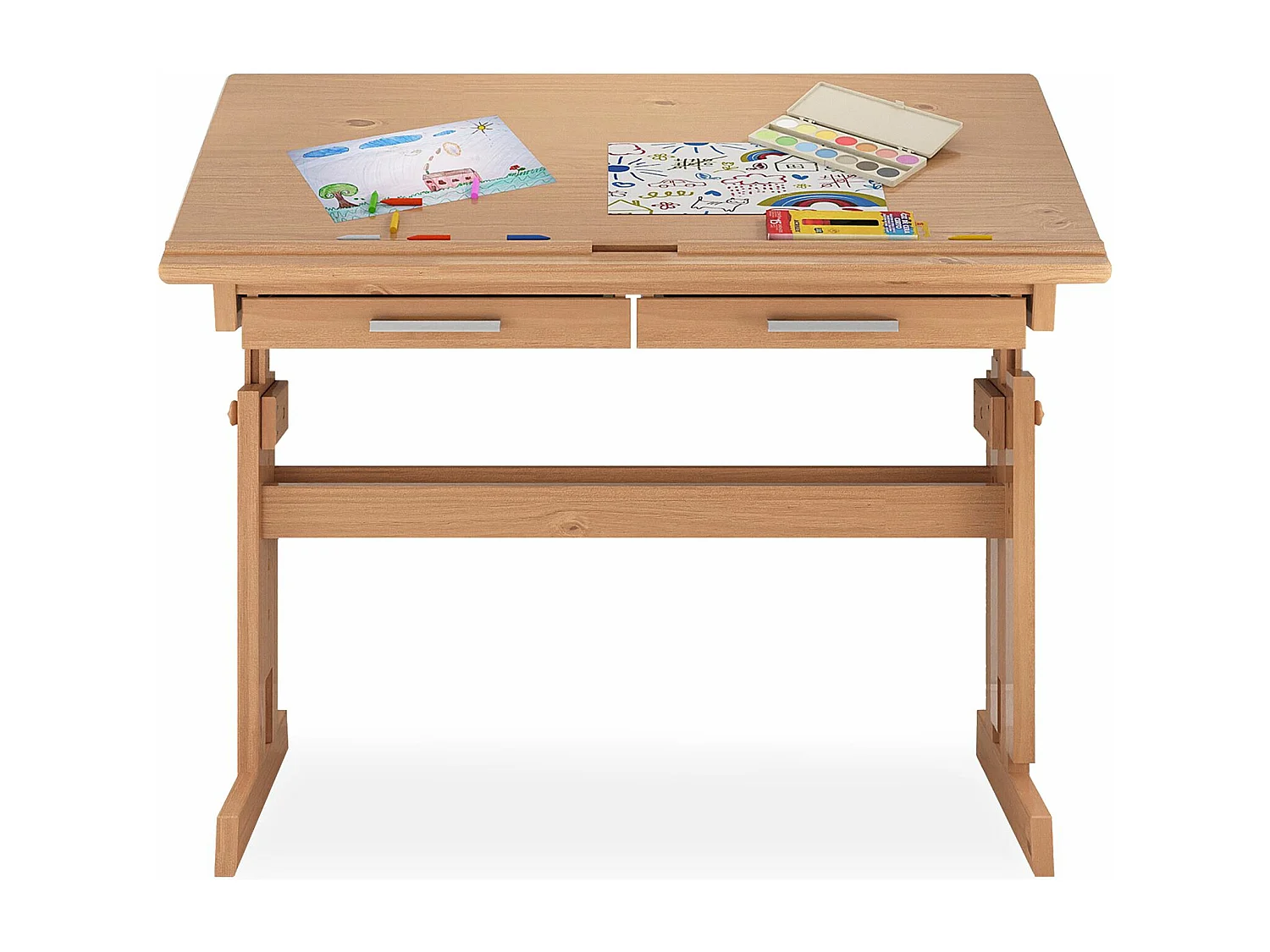 Bureau enfant écolier junior OLIVIA table à dessin réglable en hauteur et pupitre inclinable avec 2 tiroirs en pin massif hêtre