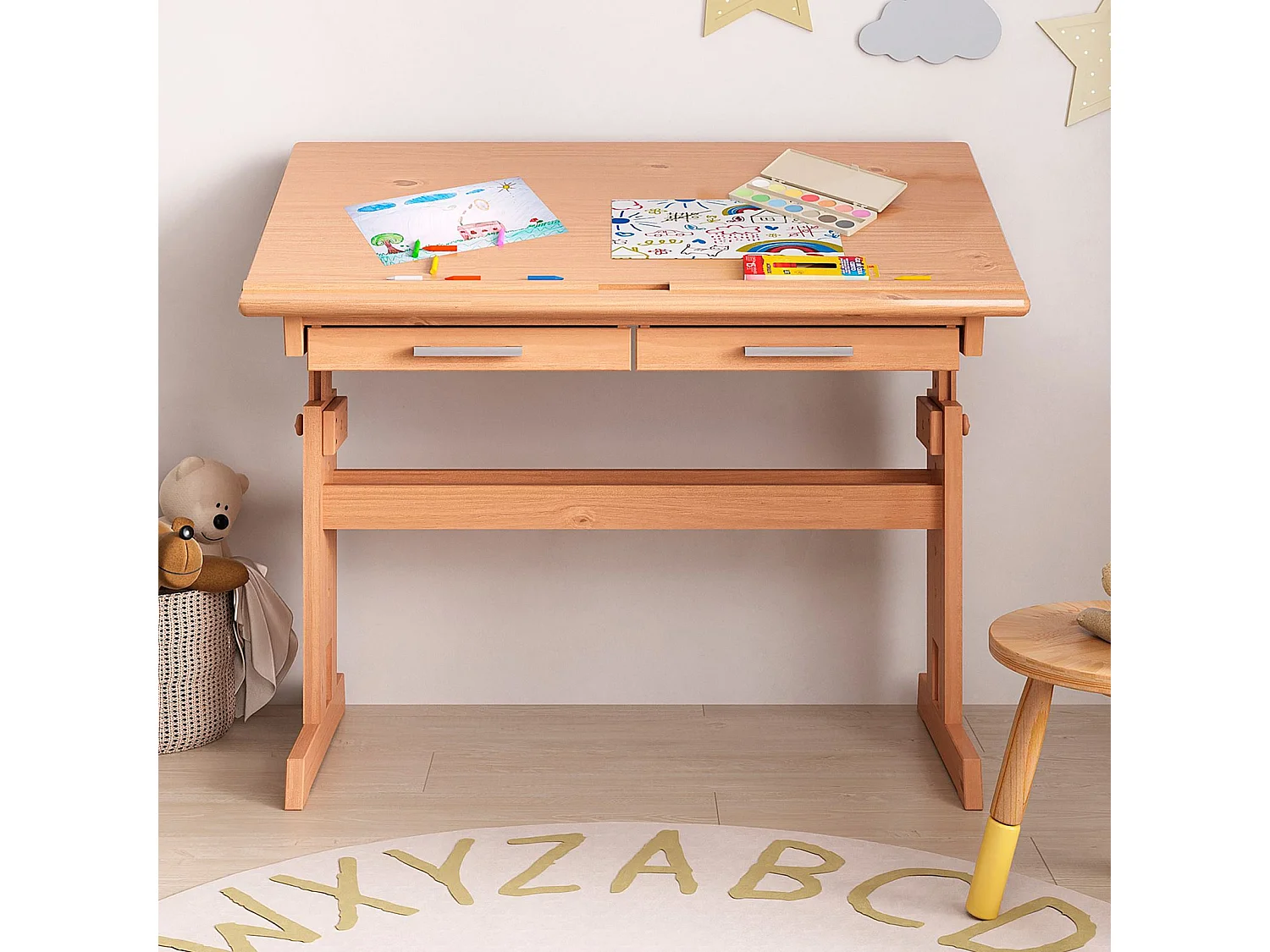 Bureau enfant écolier junior OLIVIA table à dessin réglable en hauteur et pupitre inclinable avec 2 tiroirs en pin massif hêtre