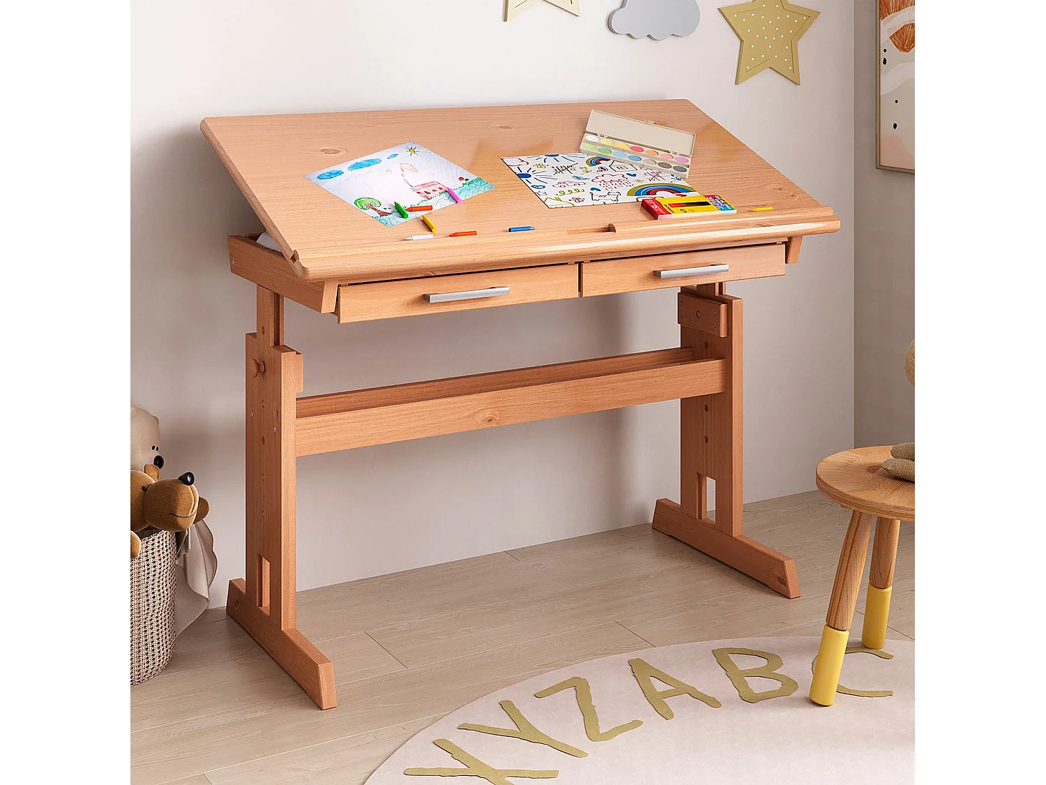 Bureau enfant écolier junior OLIVIA table à dessin réglable en hauteur et pupitre inclinable avec 2 tiroirs en pin massif hêtre