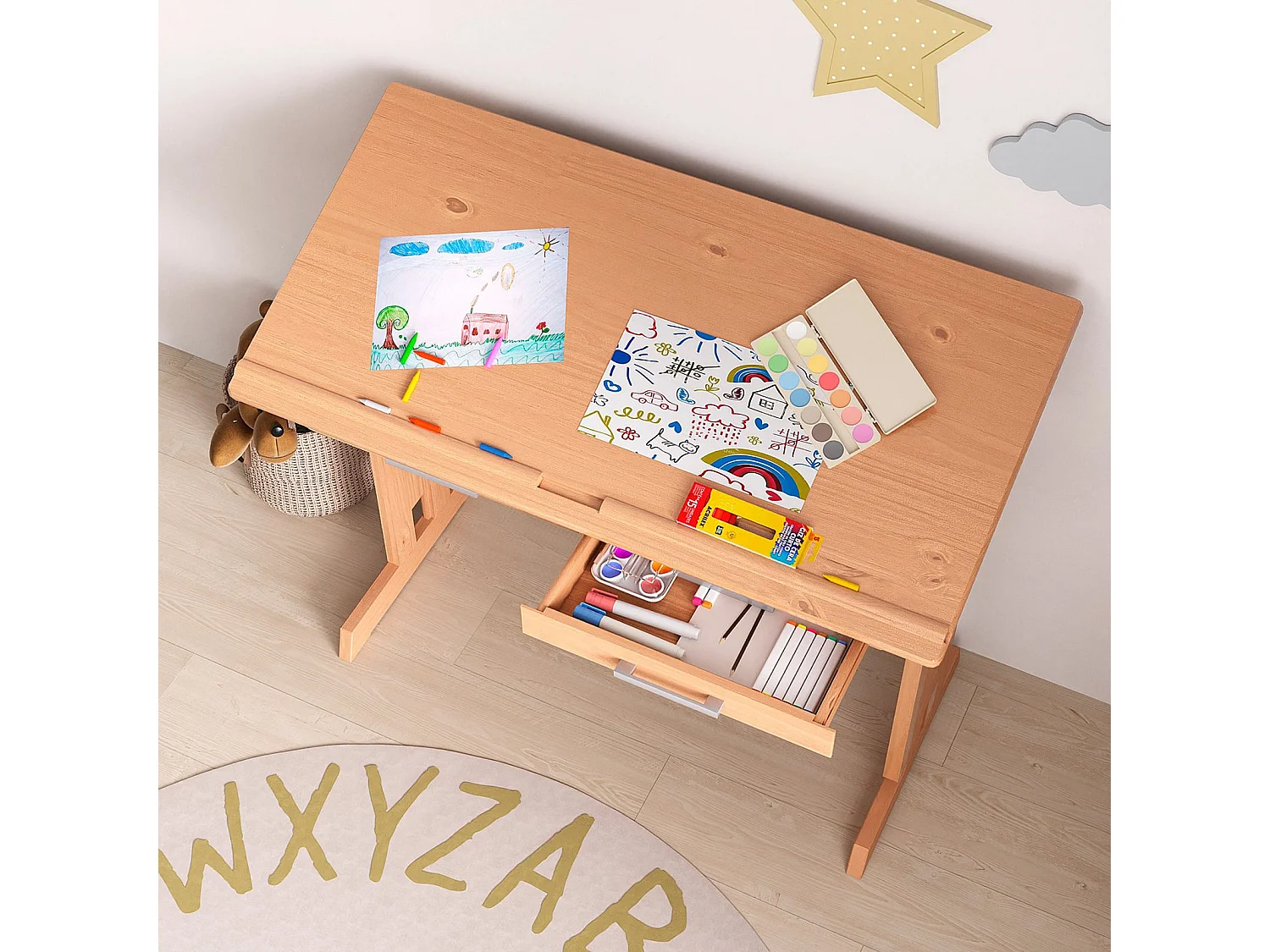 Bureau enfant écolier junior OLIVIA table à dessin réglable en hauteur et pupitre inclinable avec 2 tiroirs en pin massif hêtre