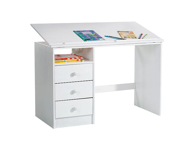 Bureau enfant écolier junior KEVIN pupitre inclinable avec 3 tiroirs 1 casier en pin massif lasuré blanc