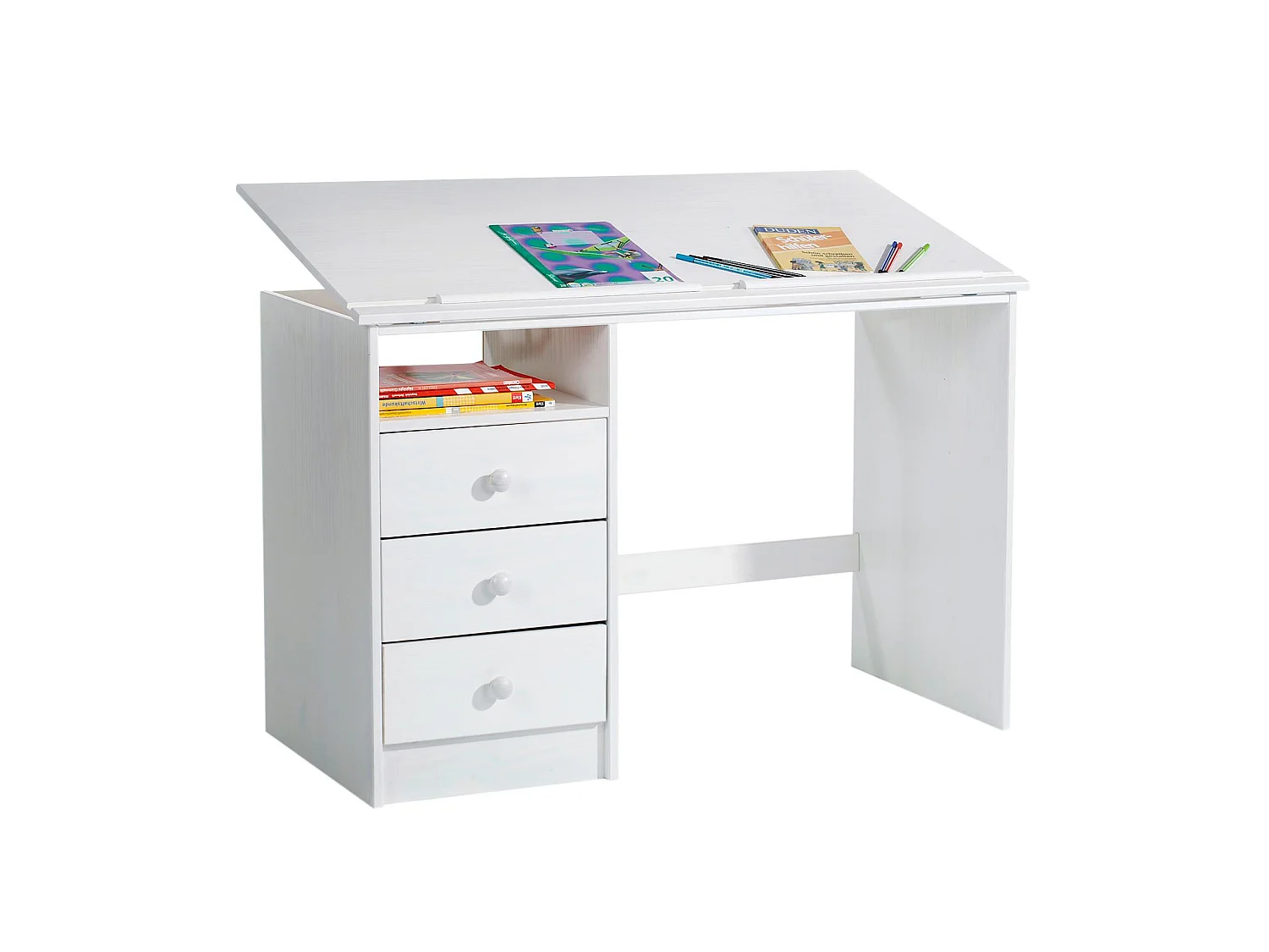 Bureau enfant écolier junior KEVIN pupitre inclinable avec 3 tiroirs 1 casier en pin massif lasuré blanc