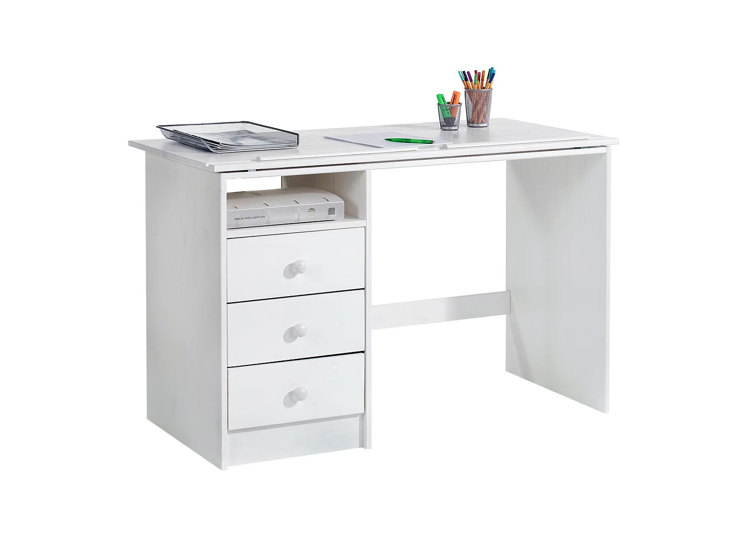 Bureau enfant écolier junior KEVIN pupitre inclinable avec 3 tiroirs 1 casier en pin massif lasuré blanc