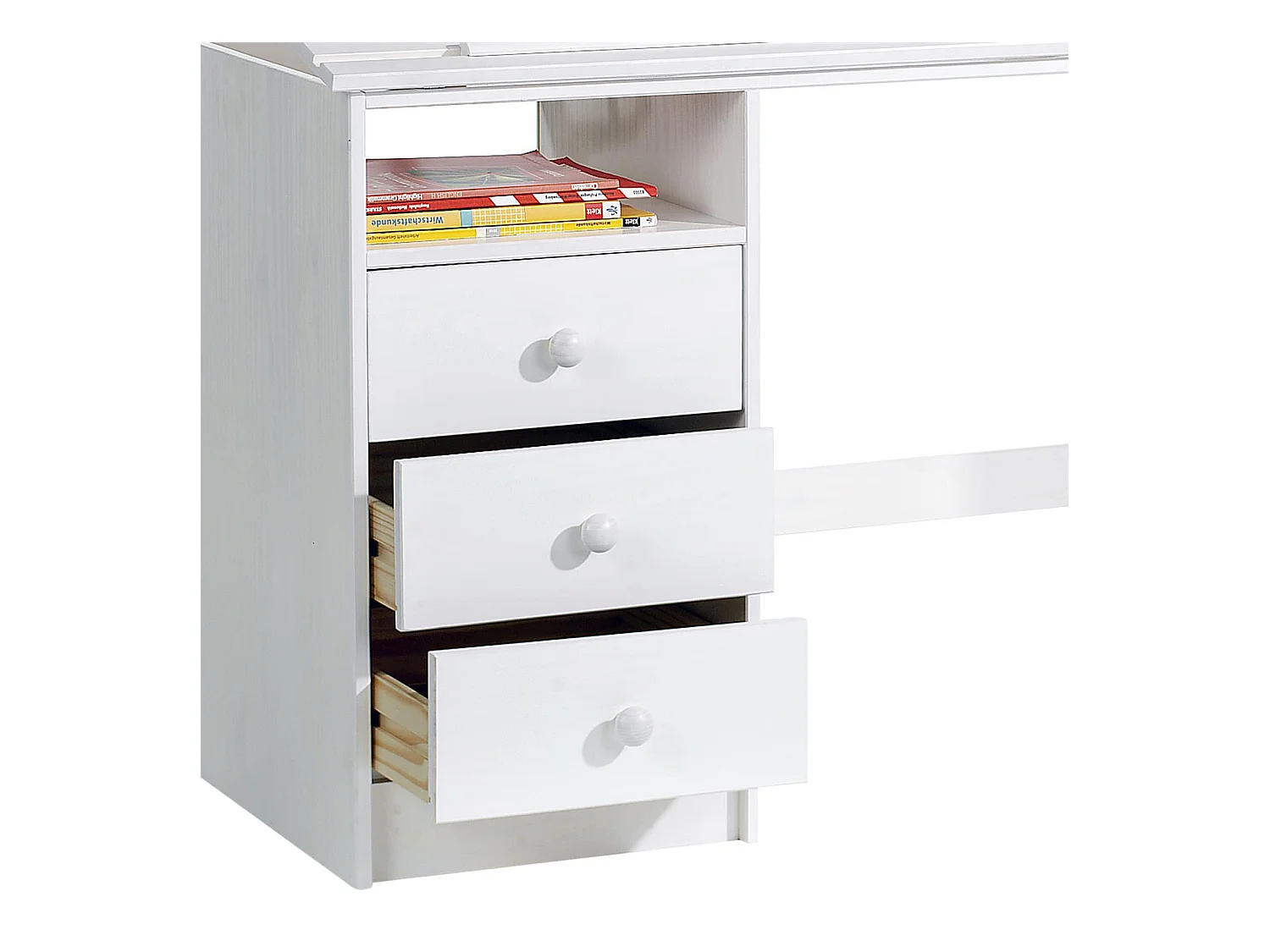 Bureau enfant écolier junior KEVIN pupitre inclinable avec 3 tiroirs 1 casier en pin massif lasuré blanc