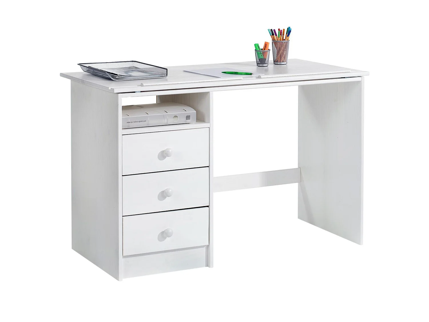 Bureau enfant écolier junior KEVIN pupitre inclinable avec 3 tiroirs 1 casier en pin massif lasuré blanc