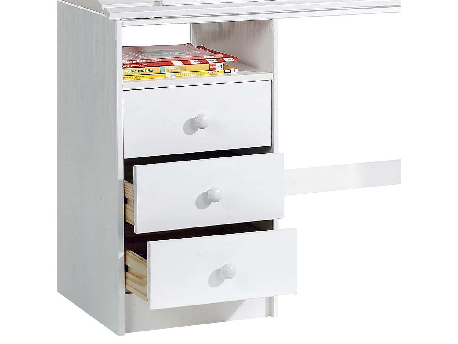 Bureau enfant écolier junior KEVIN pupitre inclinable avec 3 tiroirs 1 casier en pin massif lasuré blanc