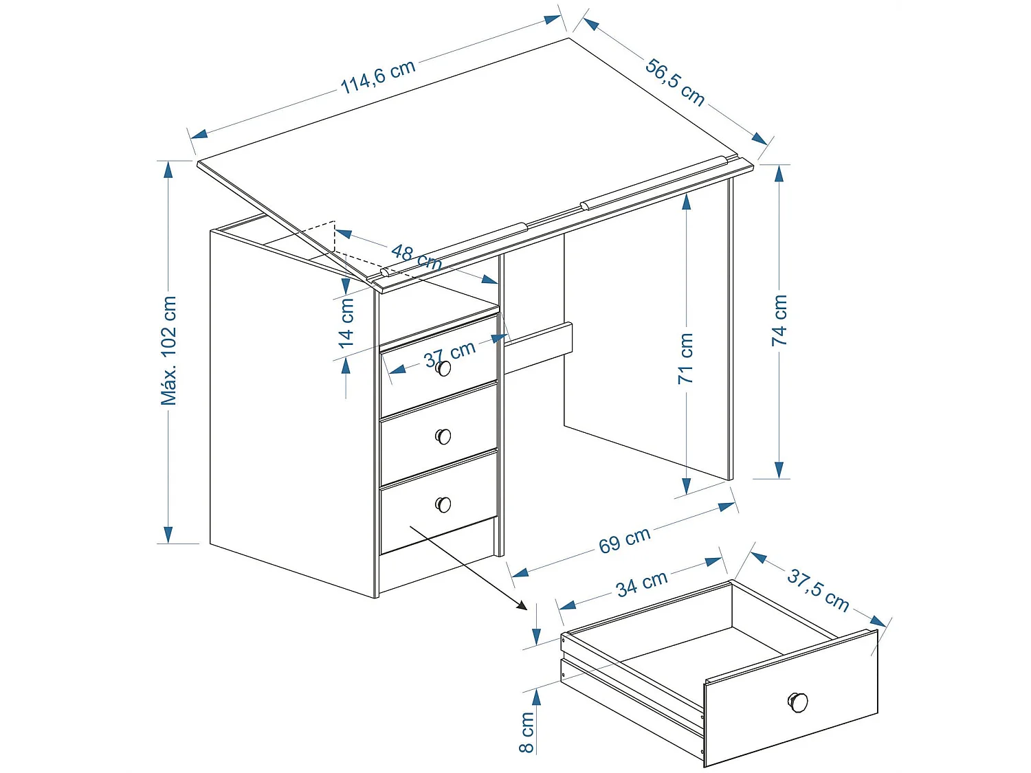 Bureau enfant écolier junior KEVIN pupitre inclinable avec 3 tiroirs 1 casier en pin massif lasuré blanc