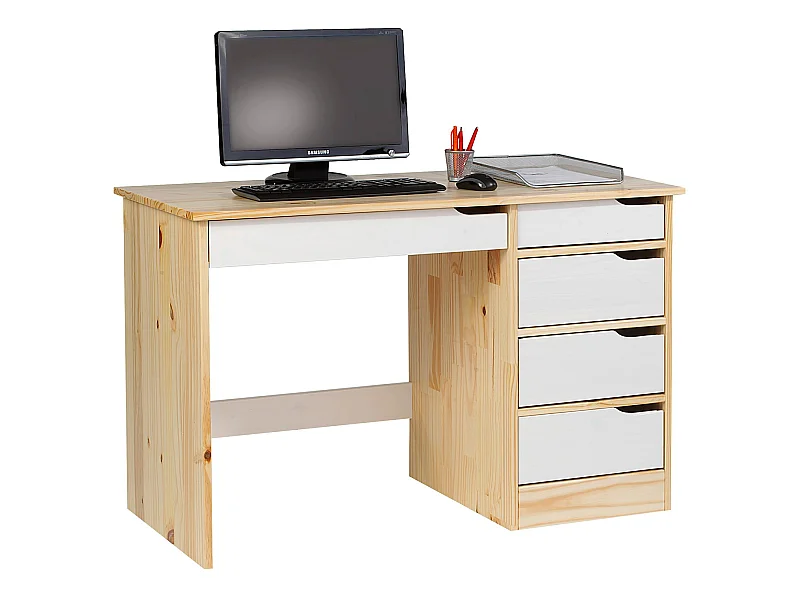 Bureau HUGO avec rangement 5 tiroirs style scandinave en pin massif vernis naturel et lasuré blanc