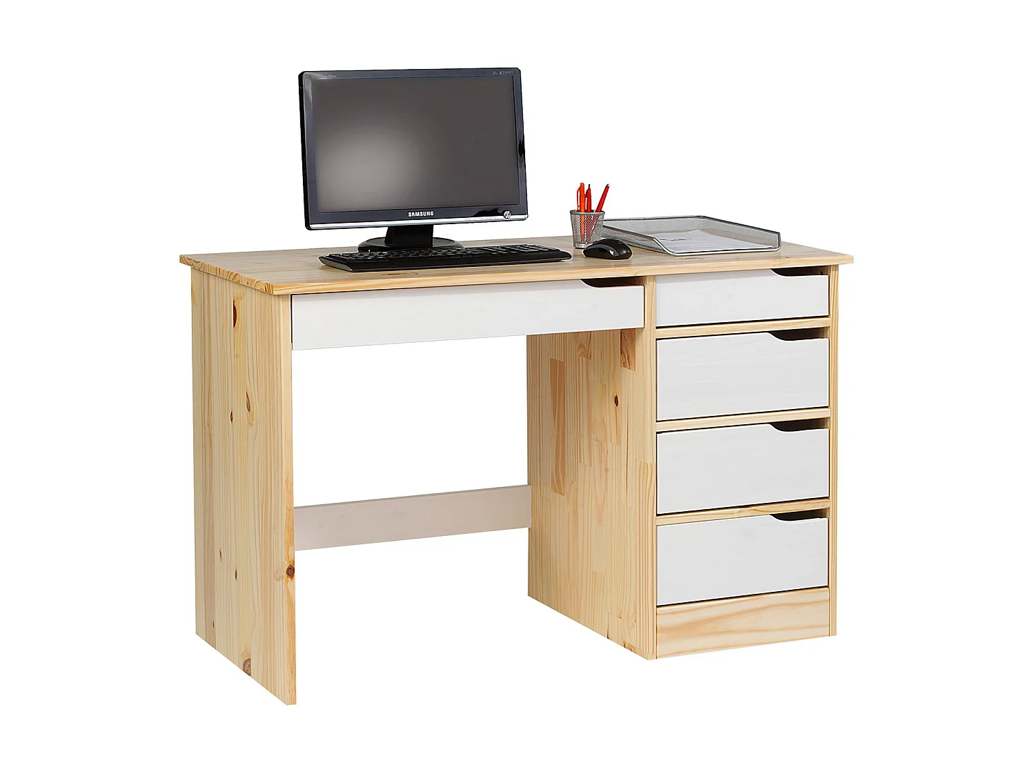 Bureau HUGO avec rangement 5 tiroirs style scandinave en pin massif vernis naturel et lasuré blanc
