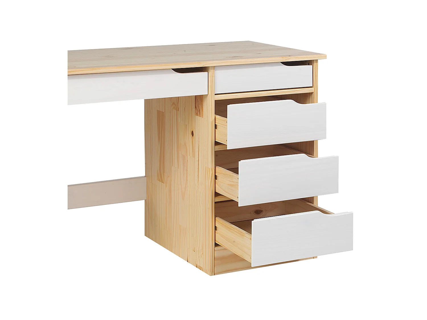 Bureau HUGO avec rangement 5 tiroirs style scandinave en pin massif vernis naturel et lasuré blanc