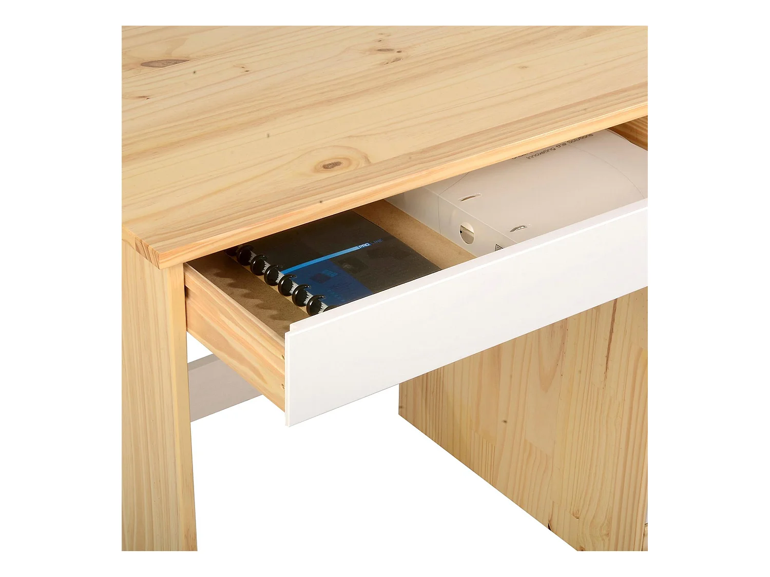 Bureau HUGO avec rangement 5 tiroirs style scandinave en pin massif vernis naturel et lasuré blanc