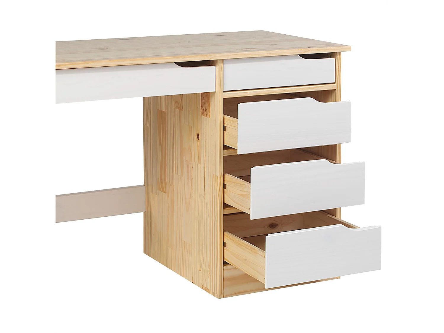 Bureau HUGO avec rangement 5 tiroirs style scandinave en pin massif vernis naturel et lasuré blanc