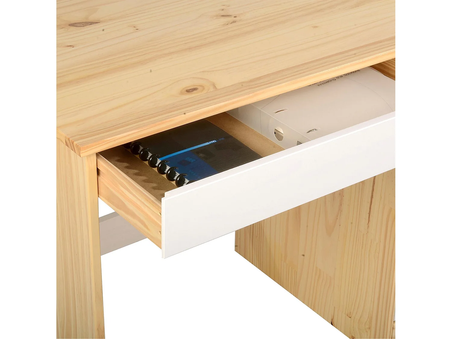 Bureau HUGO avec rangement 5 tiroirs style scandinave en pin massif vernis naturel et lasuré blanc