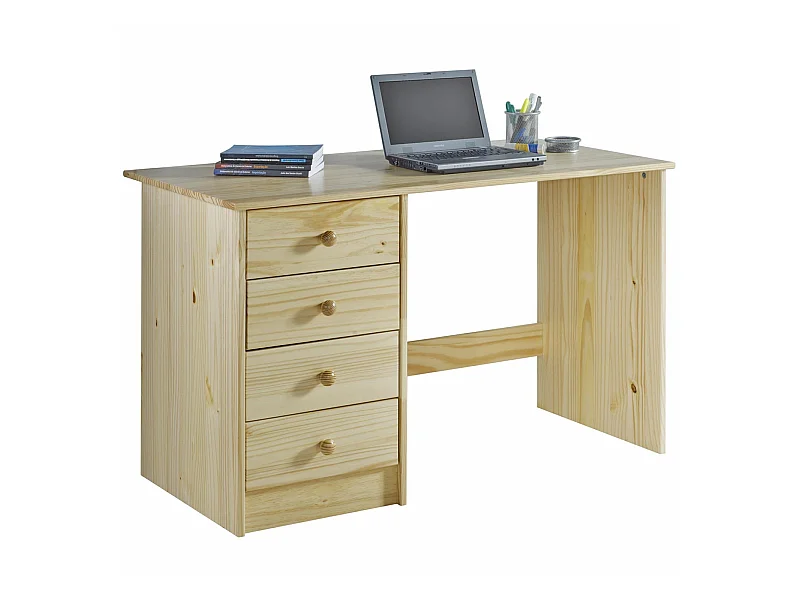 Bureau ARNE pour enfant ou adulte multi rangements, avec 4 tiroirs, en pin massif vernis naturel