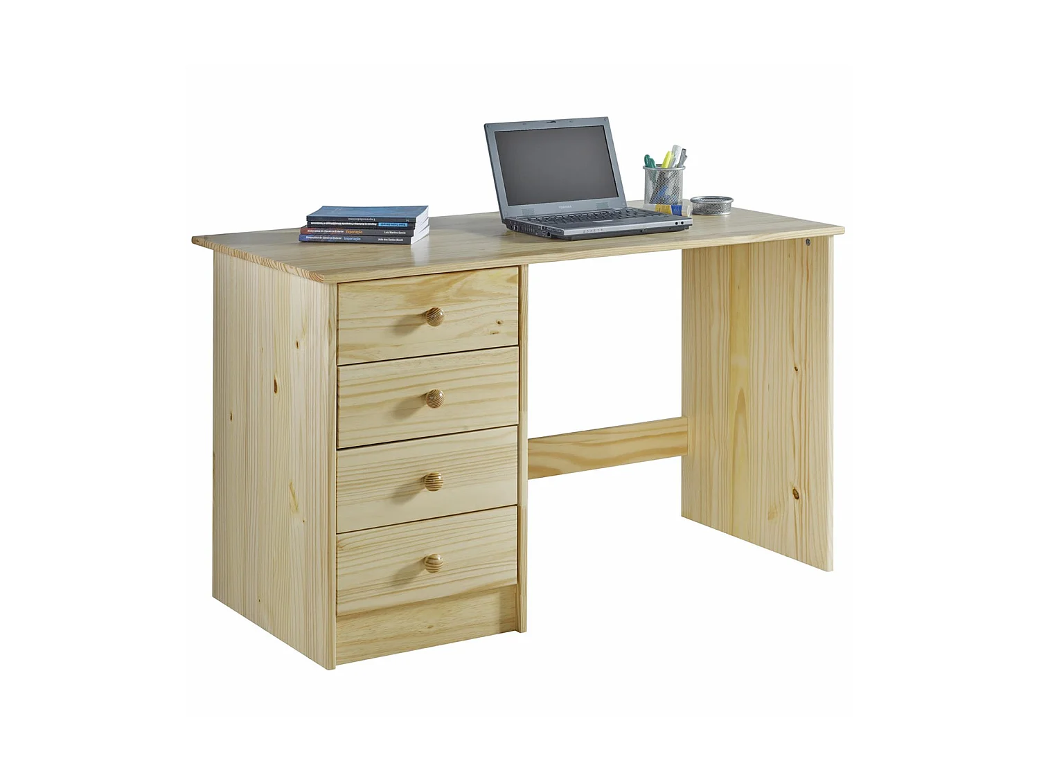 Bureau ARNE pour enfant ou adulte multi rangements, avec 4 tiroirs, en pin massif vernis naturel