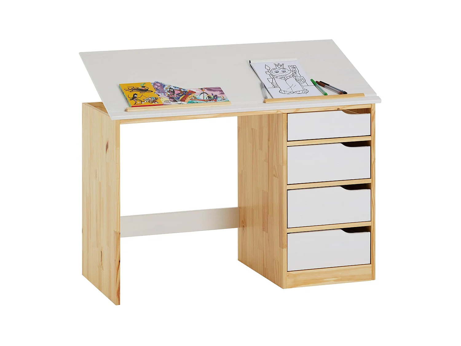 Bureau enfant écolier junior EMMA pupitre inclinable avec 4 tiroirs en pin massif, naturel et lasuré blanc
